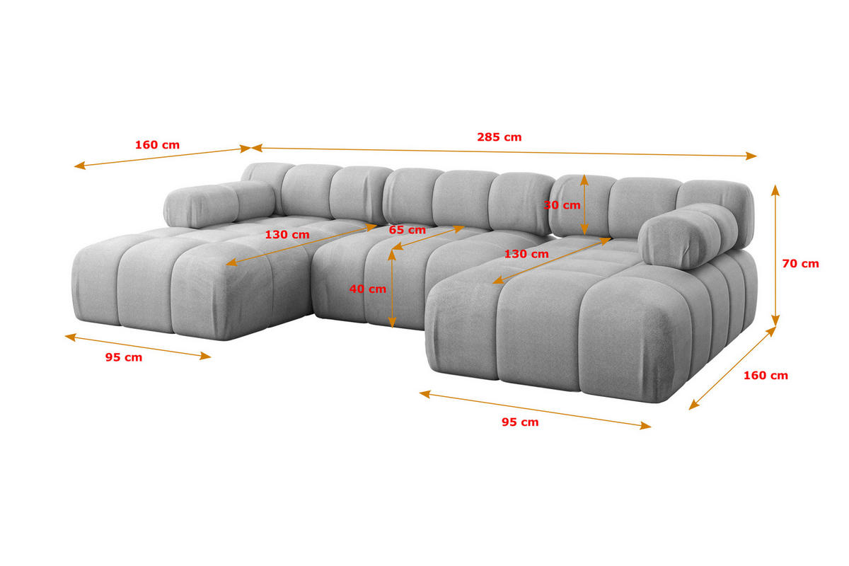 WOHNLANDSCHAFT modulares Sofa Tesso-U1 - 285x160x70 cm Hellgrau Velours - Hellgrau, Holzwerkstoff/Textil (285/70/160cm) - ALTDECOR