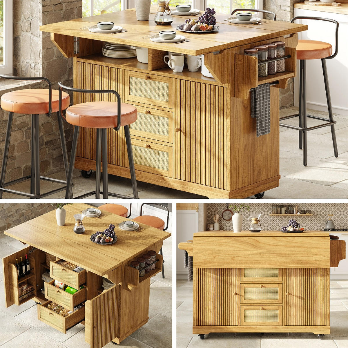 KÜCHENINSEL ausklappbar in Naturbraun mit Rattan, 142,5/80/95 cm - Naturfarben, Kunststoff (80/95/142.5cm) - Rolipo