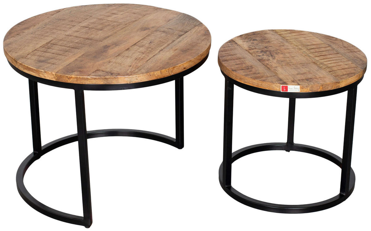 COUCHTISCH rund 2er Set Fermo Mangoholz - Schwarz/Braun, Naturmaterialien/Metall (58/58/45cm) - Mr. Deko