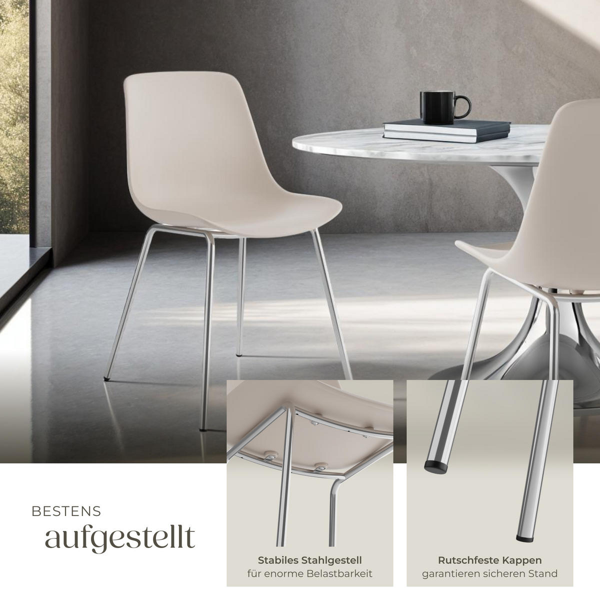 KUNSTSTOFFSTUHL 6er Set Mave 46 x 55 x 80 5 cm taupe/chrom - Taupe, Textil (46/80.5/55cm) - tectake