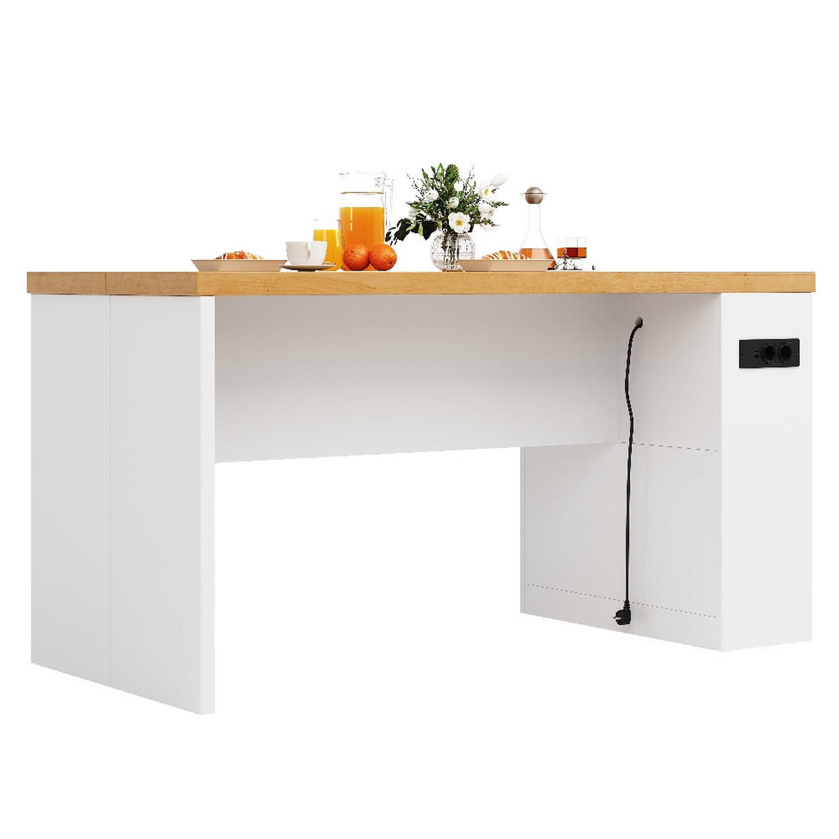 KÜCHENINSEL mit LED, 40mm Arbeitsplatte, Steckdose & USB, 3 Ablagen, 155/80/90 cm - Weiß, Kunststoff (80/90/155cm) - Rolipo