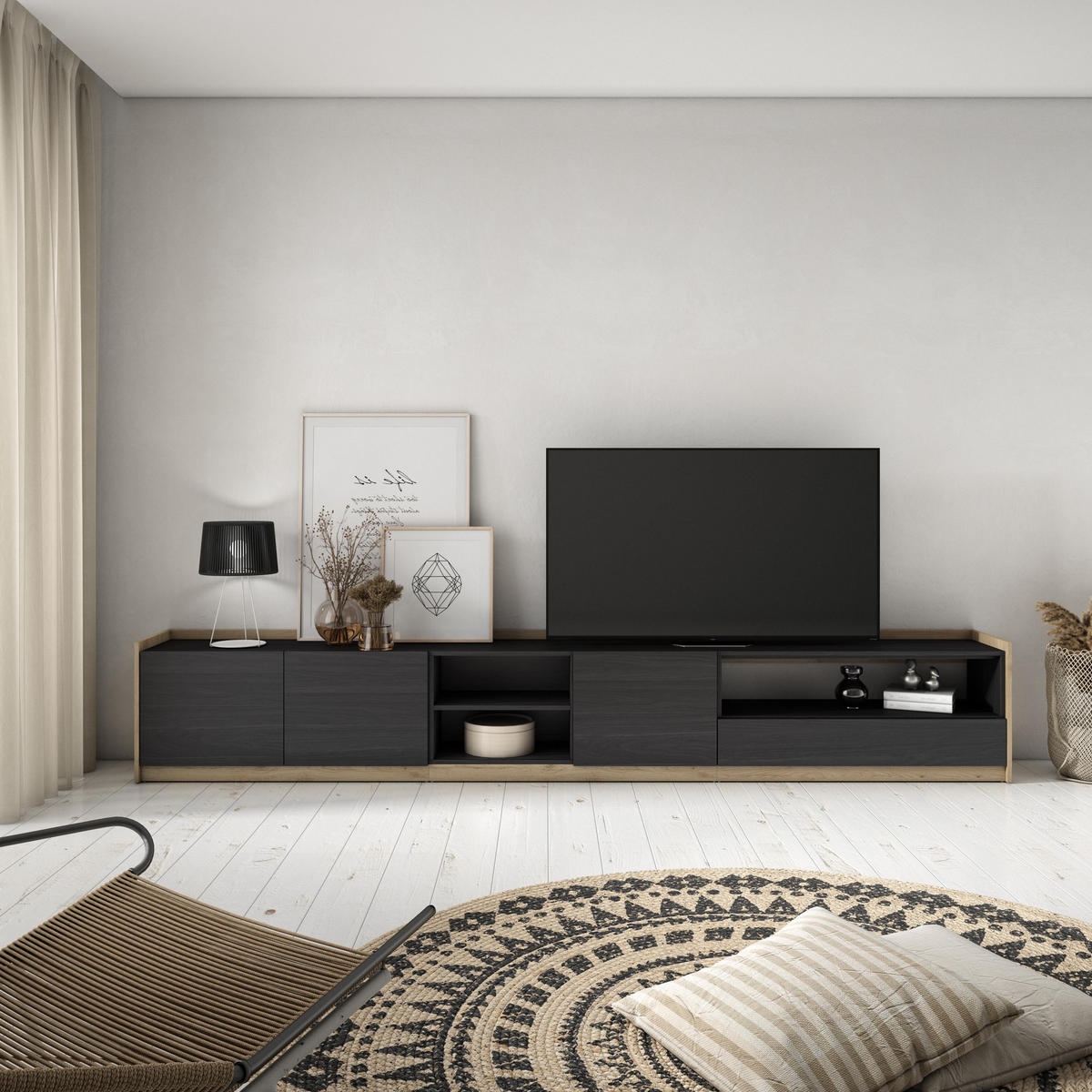 TV-SCHRANK, Lowboard, Schwarz Eiche, 310/37/50cm - Schwarz, Holzwerkstoff (310/50/37cm) - Skraut Home