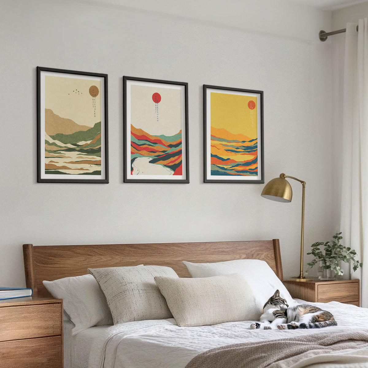 BILDER SET 3er Set - 40x60 cm Schwarzer Rahmen - Farbenfrohe Muster der Japandi-Flussberge - Schwarz, Kunststoff (40/60cm) - TULUP