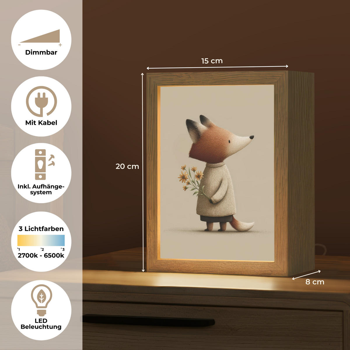 NÁSTĚNNÁ LAMPA Liška - Žluté květy - Minimalistický 15x20 cm - šedohnědá, kompozitní dřevo (15/20/8cm) - OnlyWow