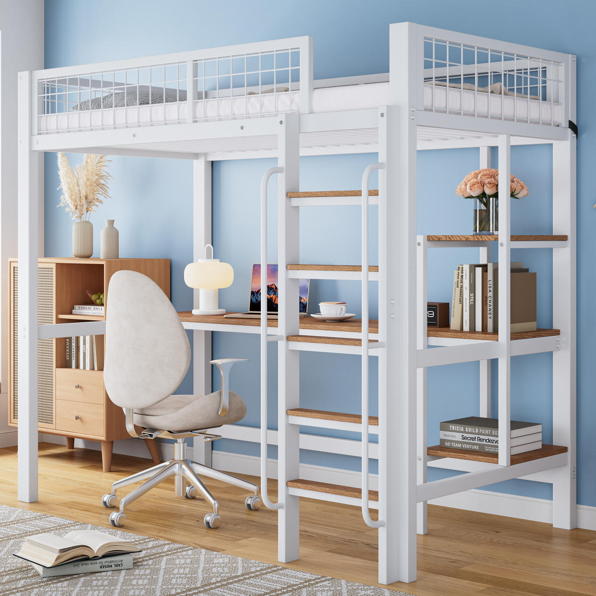 ETAGENBETT 90/200 cm weiß aus Metall mit Tisch und Regalen - Weiß, Metall (90/200cm) - OKWISH