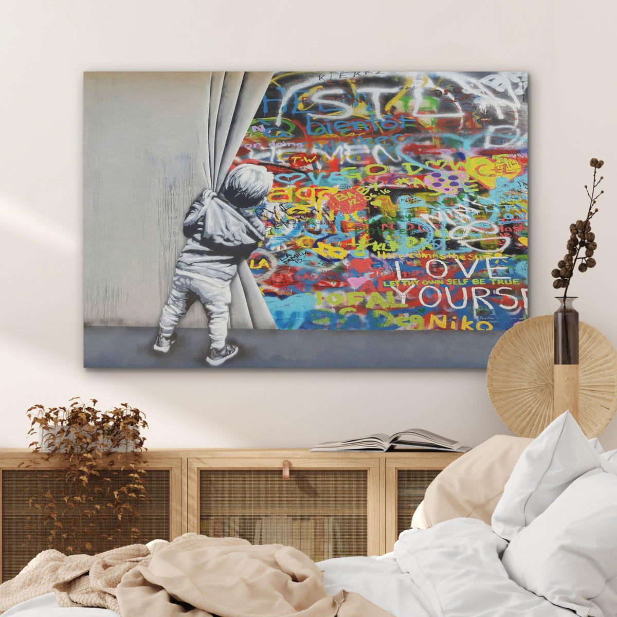 AKUSTIKBILD Graffiti - Junge - Ilussie - Straßenkunst Wandbild Wohnzimmer 100x70 cm - Hellgrau, Textil (100/70/0.9cm) - MuchoWow