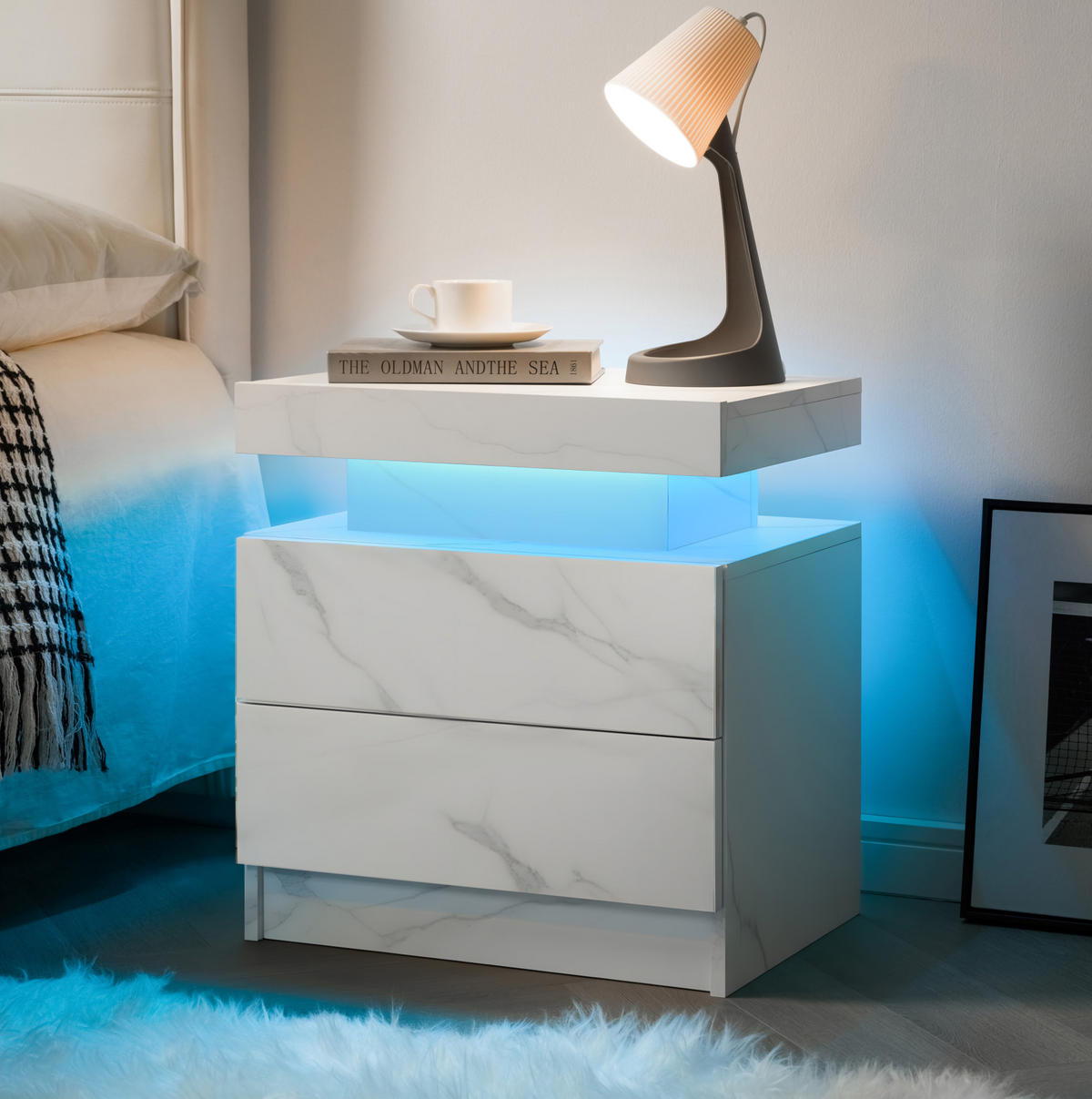NACHTTISCH in Mattweiß mit LED-Beleuchtung und 2 Schubladen,50/53/36 cm - Weiß, Holzwerkstoff (53/36/50cm) - Flora Grace