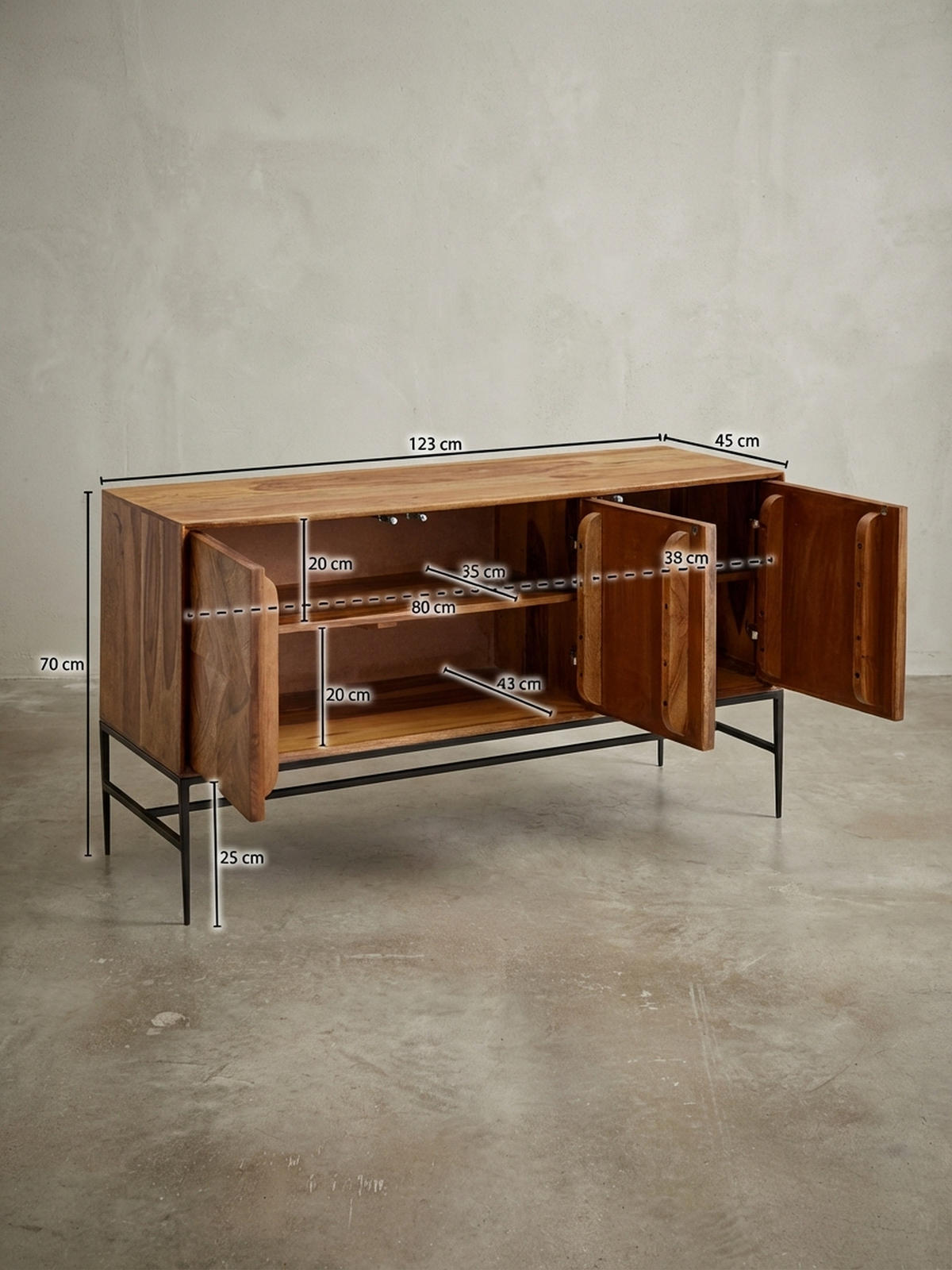 SIDEBOARD – Massivholz, 123x70x45 cm, Industrial-Stil, Stauraum - Schwarz/Braun, Holz/Metall (123/70/45cm) - KADIMA DESIGN