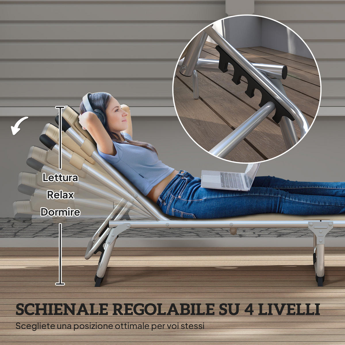 ALUMINIUM-KLAPPLIEGESTUHL, Einheitsmodell, Beige, verstellbare Kopf- und Rückenlehne, 60 x 165 x 76 cm - Weiß, Metall (165/76/60cm) - Vallsero