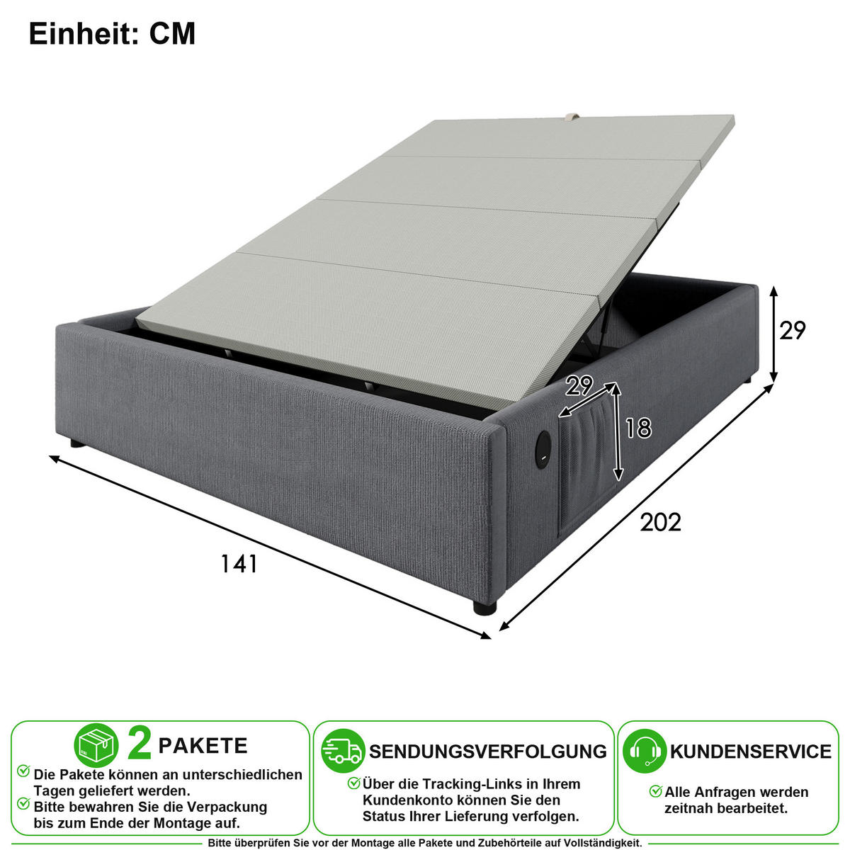 ČALOUNĚNÁ POSTEL 140/200 cm v šedé barvě s úložným prostorem, USB a Type-C - šedá, kov/kompozitní dřevo (140/200cm) - CHICFURN