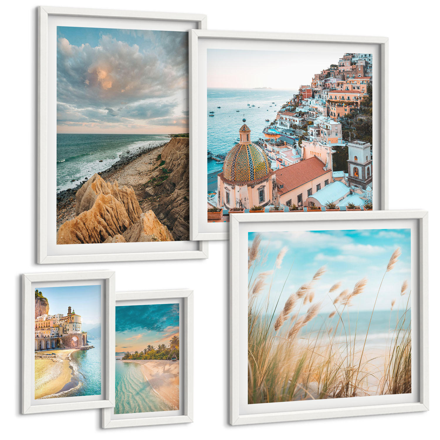 BILDER SET 5er Set - 50x50 cm & 20x30 cm & 40x60 cm Weißer Rahmen - Landschaften Strand Stadt Klippen - Weiß, Kunststoff (40/60cm) - TULUP
