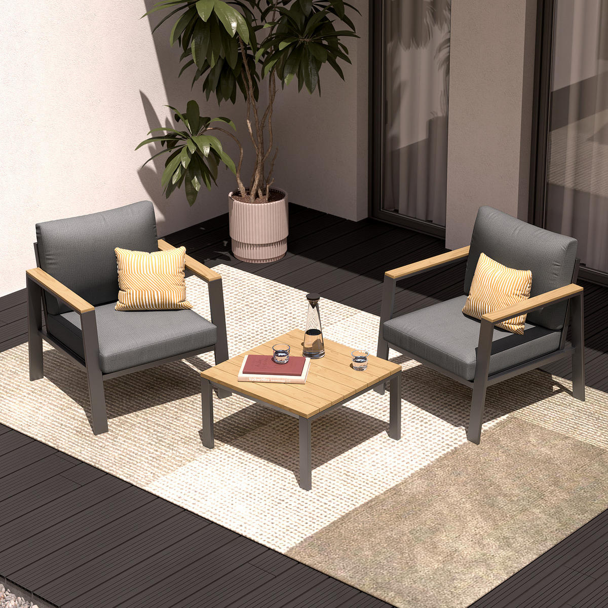 LOUNGESET - Eukalyptus massiv / Polyester - Braun / Anthrazit - 3-teilig - Braun/Grau, Holz/Textil - home24