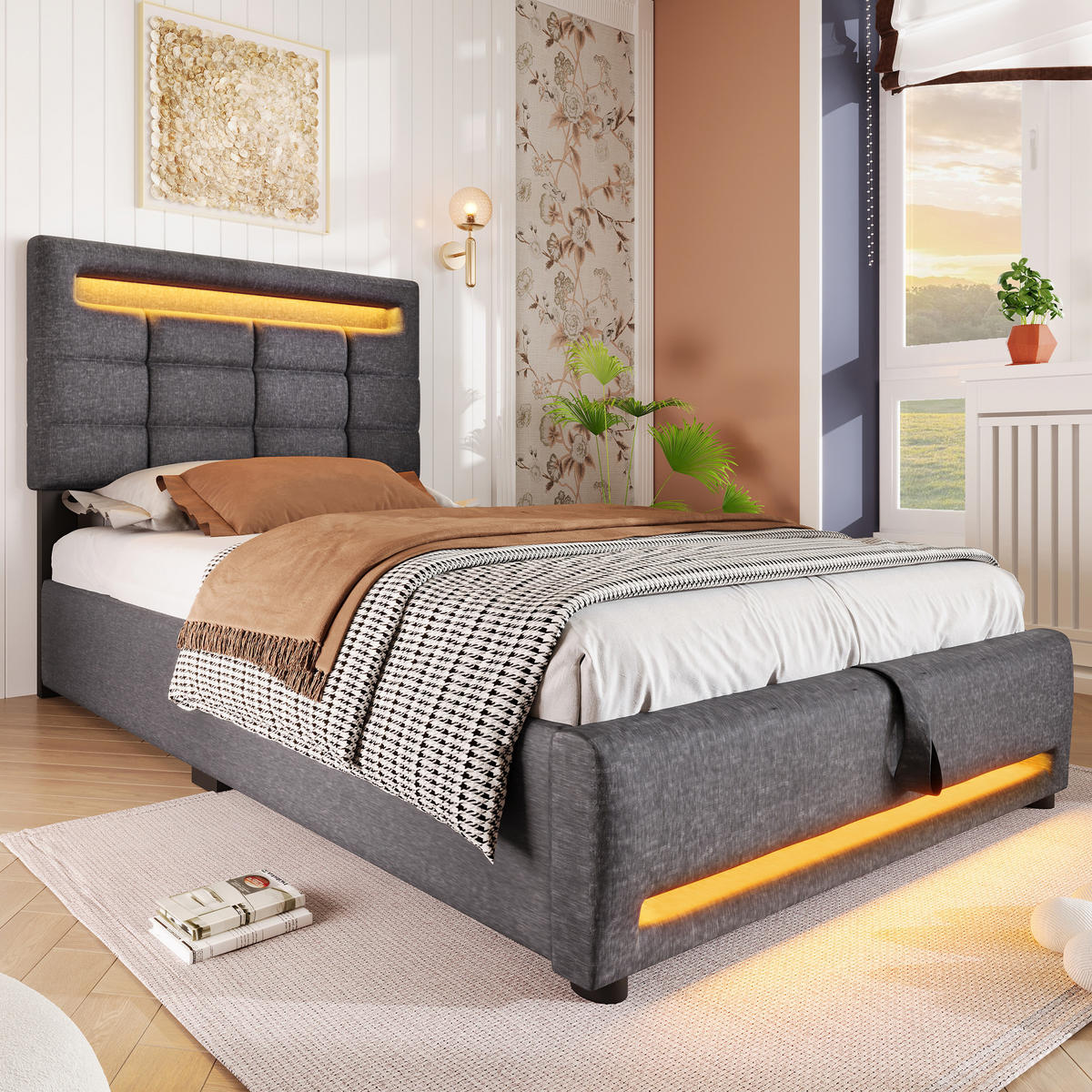 POLSTERBETT 90x200cm Grau Leinen APP-Fernbedienung LED Hydraulik USB - Grau, Holz (90/200cm) - FLIEKS