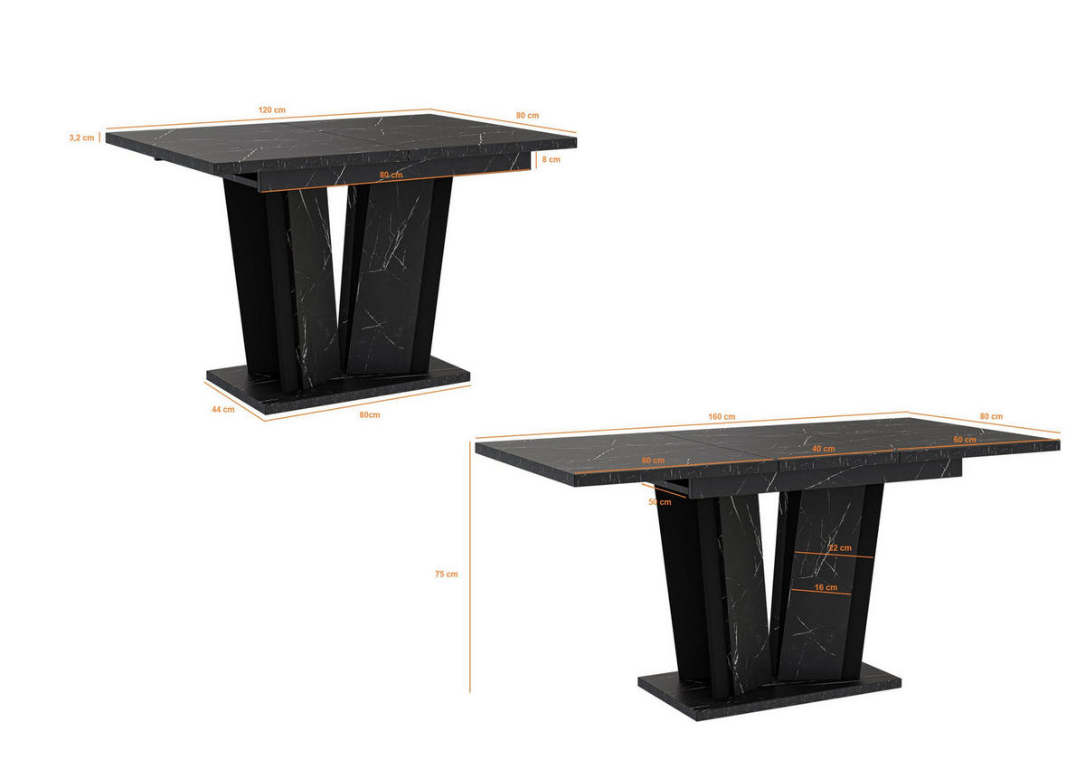 ESSTISCH SAMAR Ausziehbar 120 - 160 / 80 x 76 cm - Schwarz Hochglanz/Schwarz, Holz (120/80/76cm) - MASSENO
