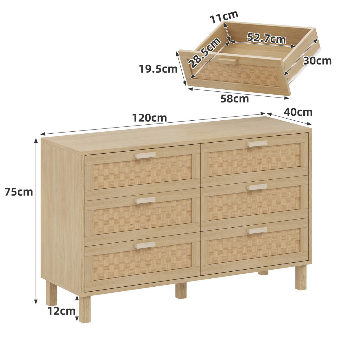 SIDEBOARD mit 6 Schubladen 120/40/75 cm in Naturfarbe mit Rattanoptik - Naturfarben, Holzwerkstoff (120/75/40cm) - BEAOK