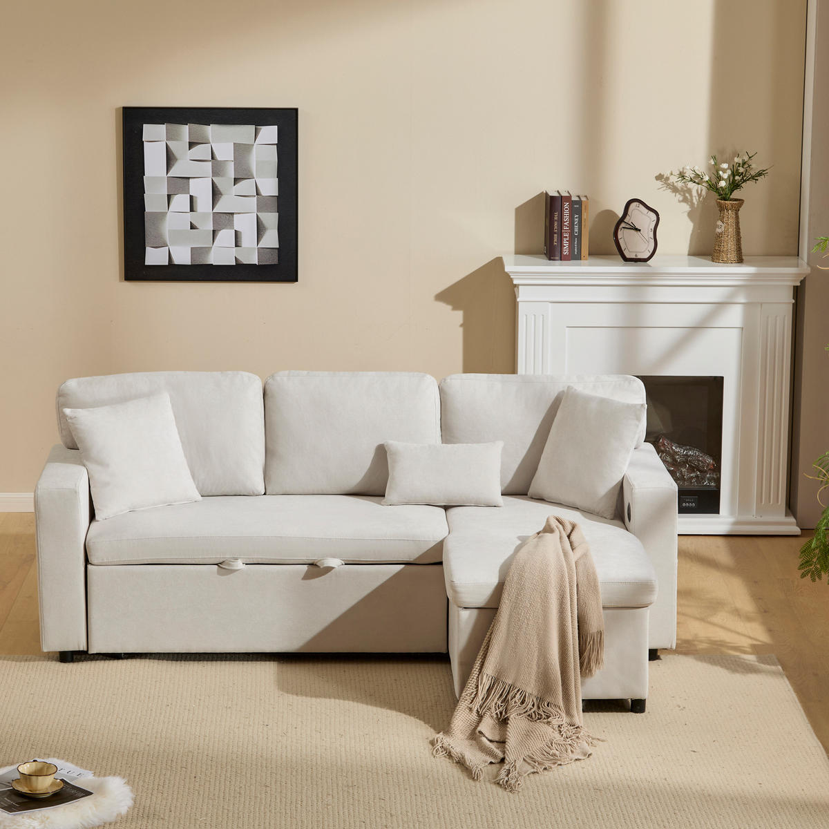 4-SITZER ECKSCHLAFSOFA Flanell Beige mit USB, Stauraum und mit Kissen - Beige, Holzwerkstoff/Textil (214/131cm) - WISHDOR