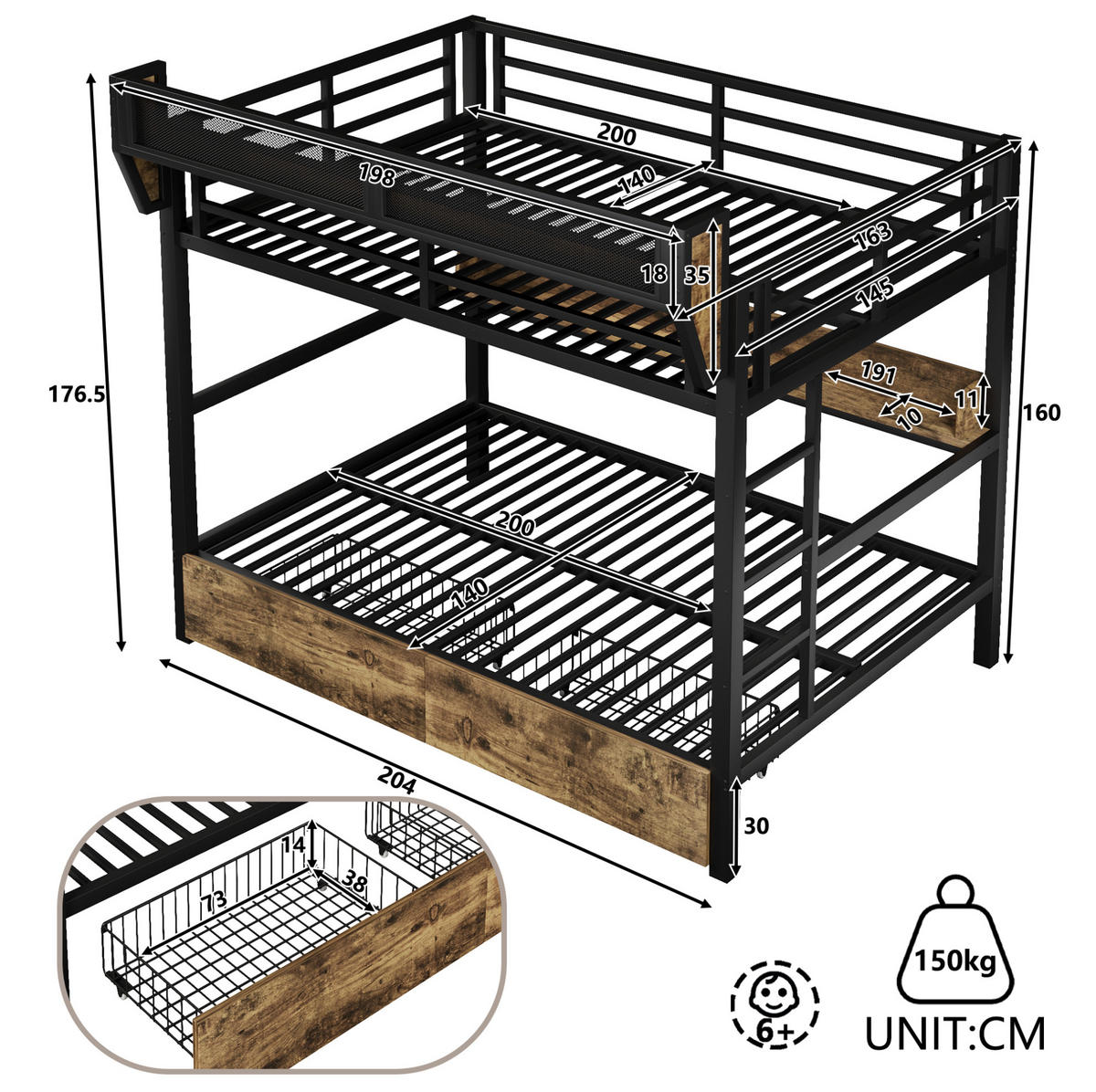 ETAGENBETT 140/200 cm Schwarz mit LED und Stauraum ohne Matratze - Schwarz, Metall (140/200cm) - MIVRAY