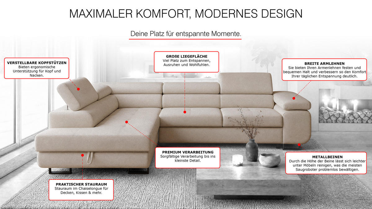 ECKSOFA Velmo mit Bettkasten und Schlaffunktion, verstellbaren Kopfstützen, in L-Form - Beige, Textil (275/203cm)