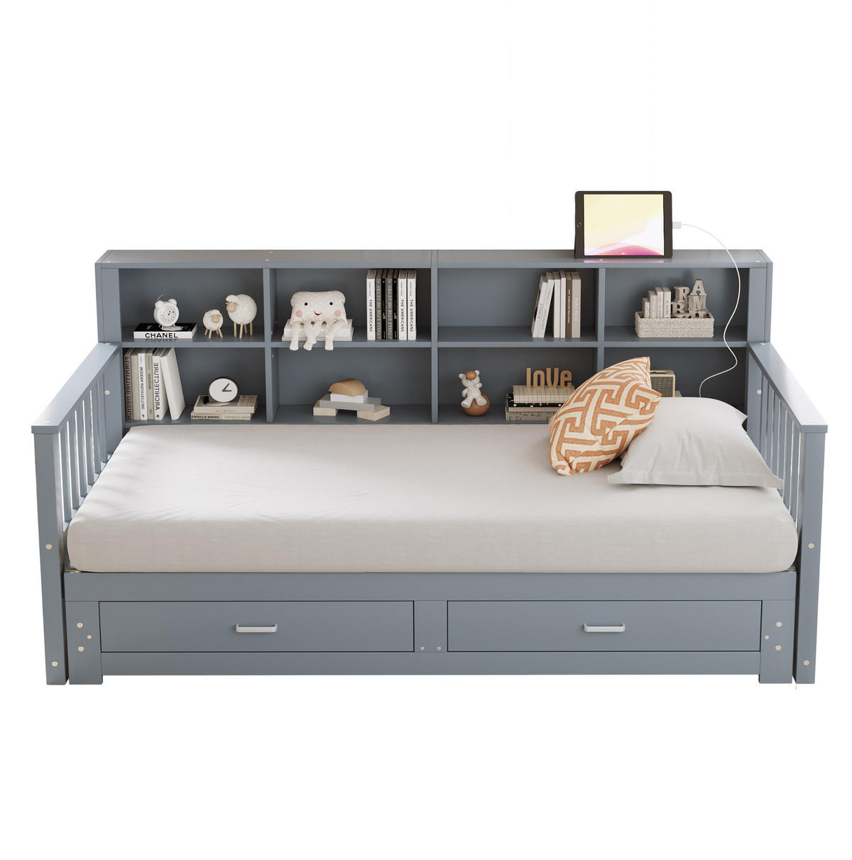 AUSZIEHBARES Schlafsofa aus Kiefernholz 90x190 cm Grau mit Schubladen, Stauraumfächern und Steckdose - Grau, Holzwerkstoff (90/190cm) - IVMEU