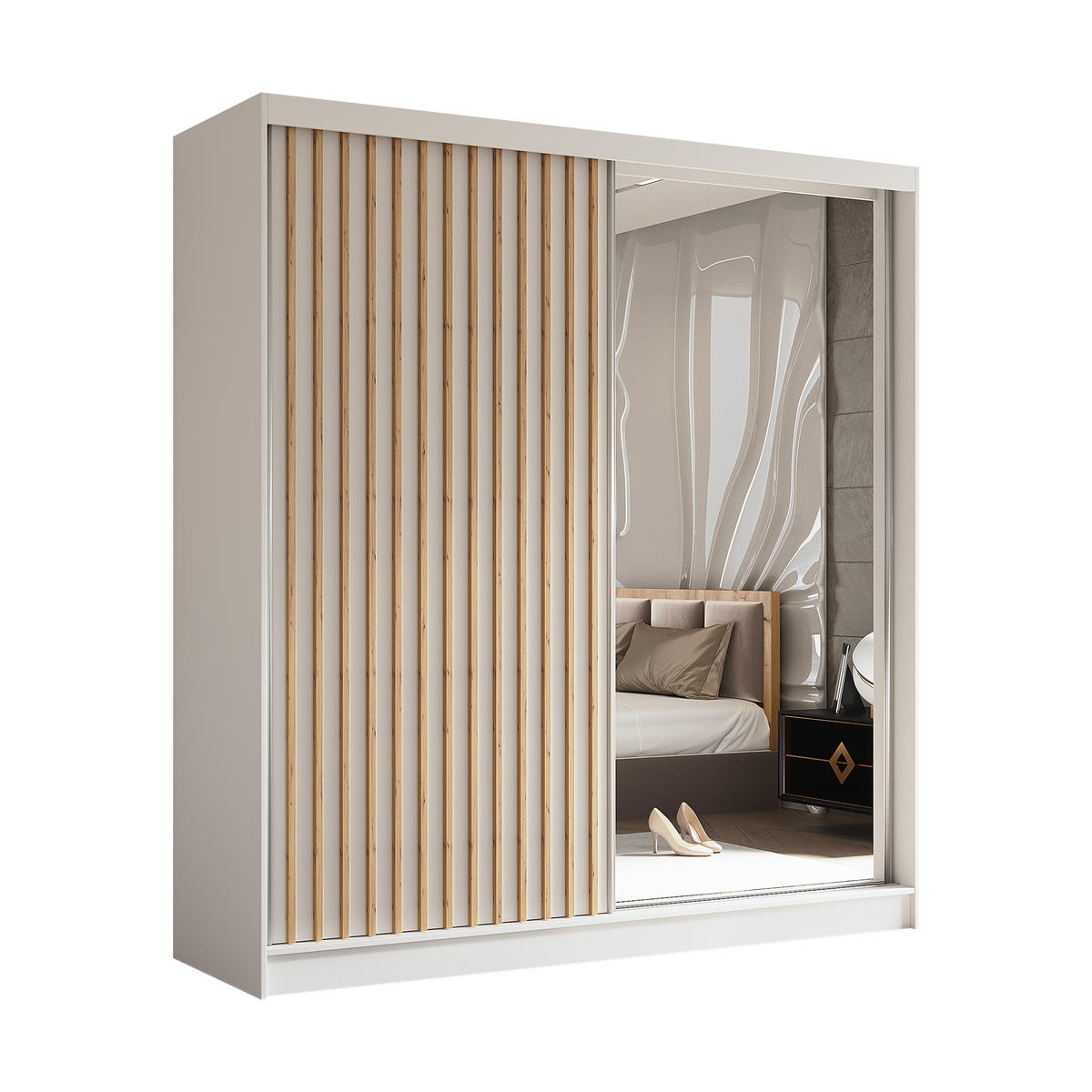 SCHWEBETÜRENSCHRANK LAMELLO 200/216/61 cm 2-türig mit Spiegel Weiß - Weiß, Holzwerkstoff (200/216/61cm) - MASSENO