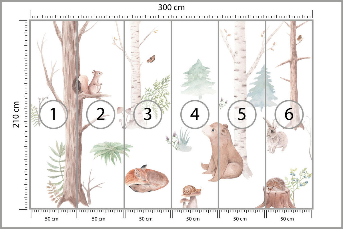FOTOTAPETE für Kinderzimmer Wilde Waldtiere Aquarell Bäume 300x210 - Orange/Braun, Papier (300/210cm) - Muralo