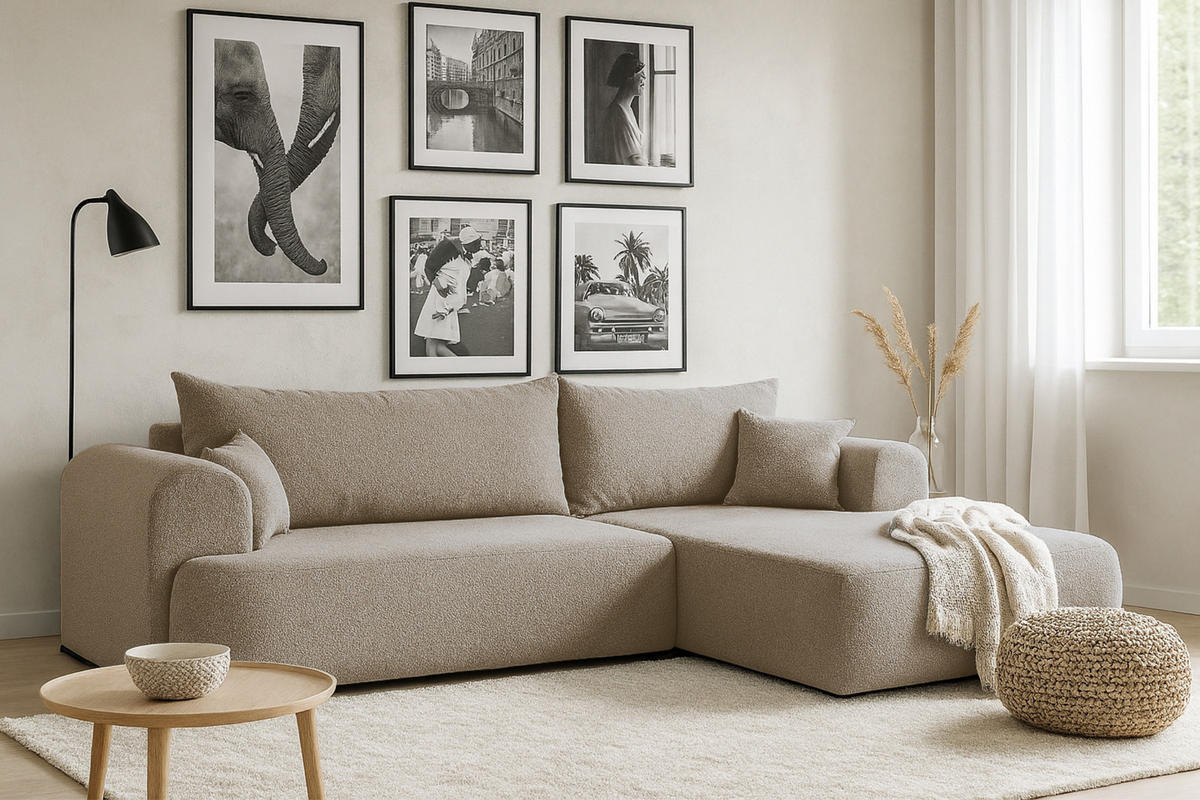 ECKSOFA BRAVO 280/180 in Bouclé Grau-beige rechts - Graubraun, Holz/Holzwerkstoff (280/180cm) - Deine Möbel 24