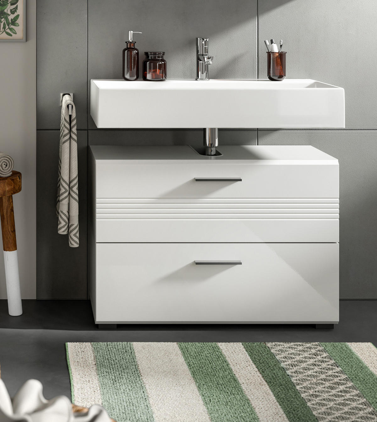 WASCHBECKENUNTERSCHRANK weiß Hochglanz, grau 80 cm - Weiß Hochglanz/Schwarz, Holzwerkstoff/Kunststoff (80/56/32cm) - Inn.Furn