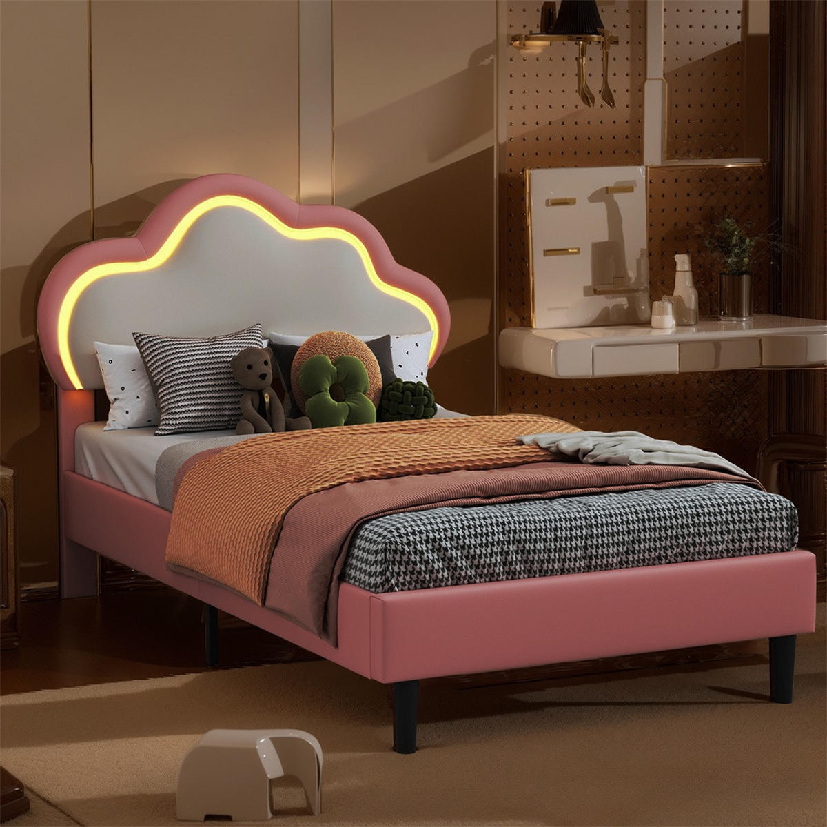 KINDERBETT 90 x 200 cm - höhenverstellbares Kopfteil im Wolken-Design mit LED - ohne Matratze - Weiß und Rosa - Pink, Textil (90/200cm) - DELFA