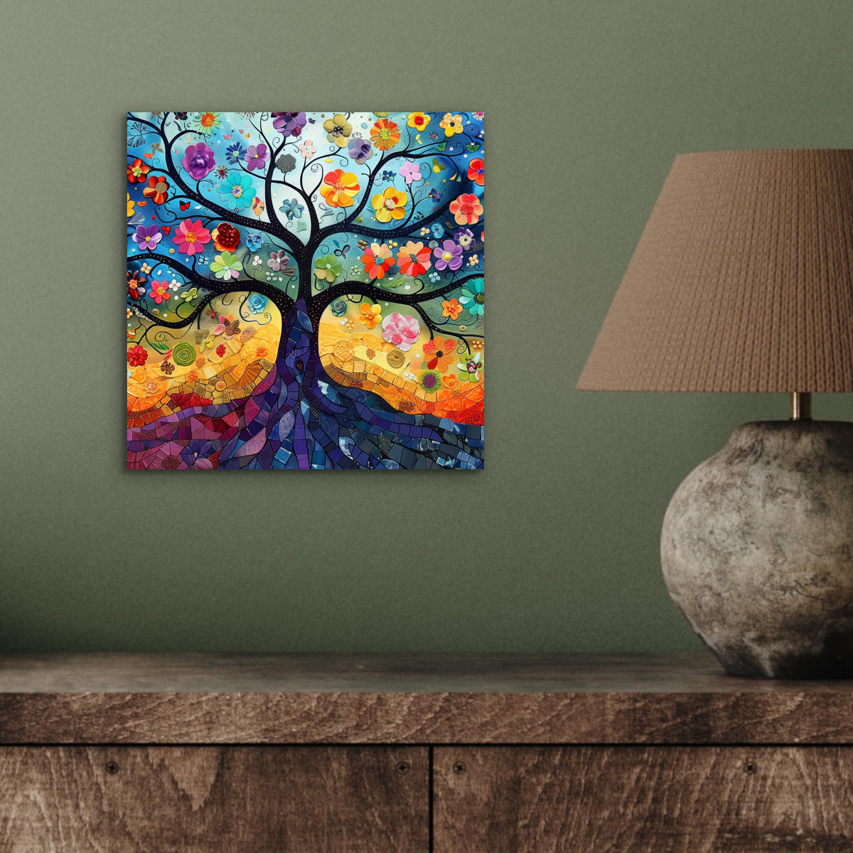 KOVOVÝ OBRAZ Umenie - Strom života - Kvety - Hippie 20x20 cm - tmavomodrá, kov (20/20cm) - MuchoWow
