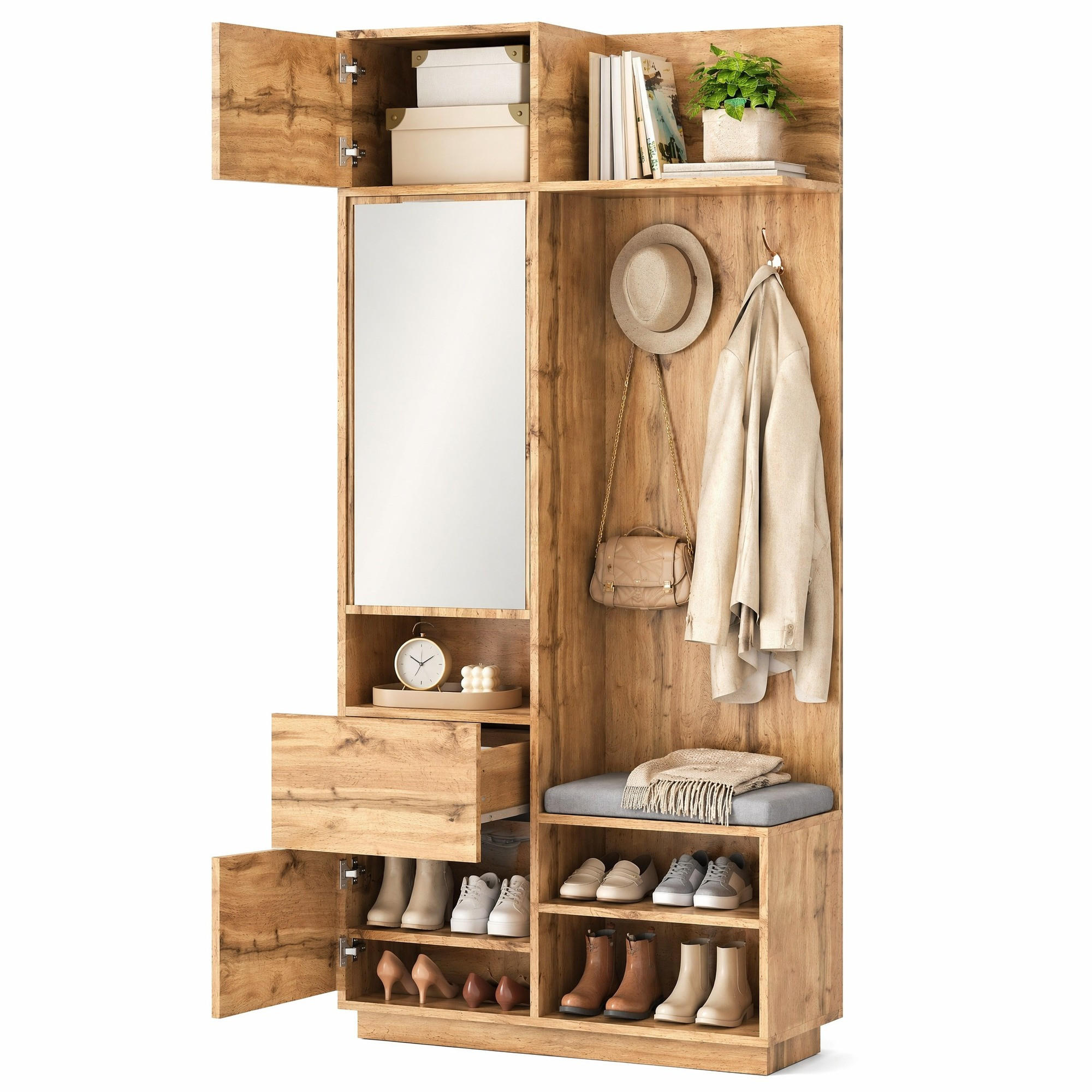GARDEROBE-SET in Naturfarben Kleiderschrank mit Spiegel und Sitzbank für Flur und Eingangsbereich, B90/T34.5/H190 cm - Naturfarben, Glas/Holzwerkstoff (90/190/34.5cm) - STILVORA