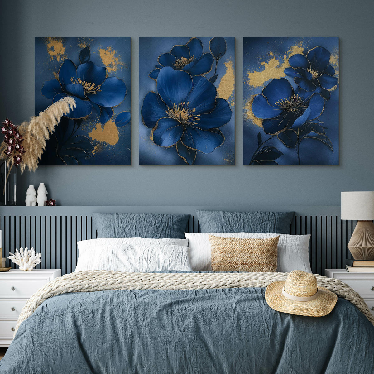 LEINWANDBILDER 3-es Set Glamour Blumen - Blau/Beige, Textil (90/40cm) - Muralo