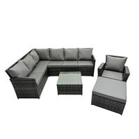 GARTENGARNITUR mit Ecksof,Couchtisch,Fußhocker Polyrattan Dunkelgrau 8-Sitzer - Dunkelgrau/Grau, Glas/Kunststoff - Fimous