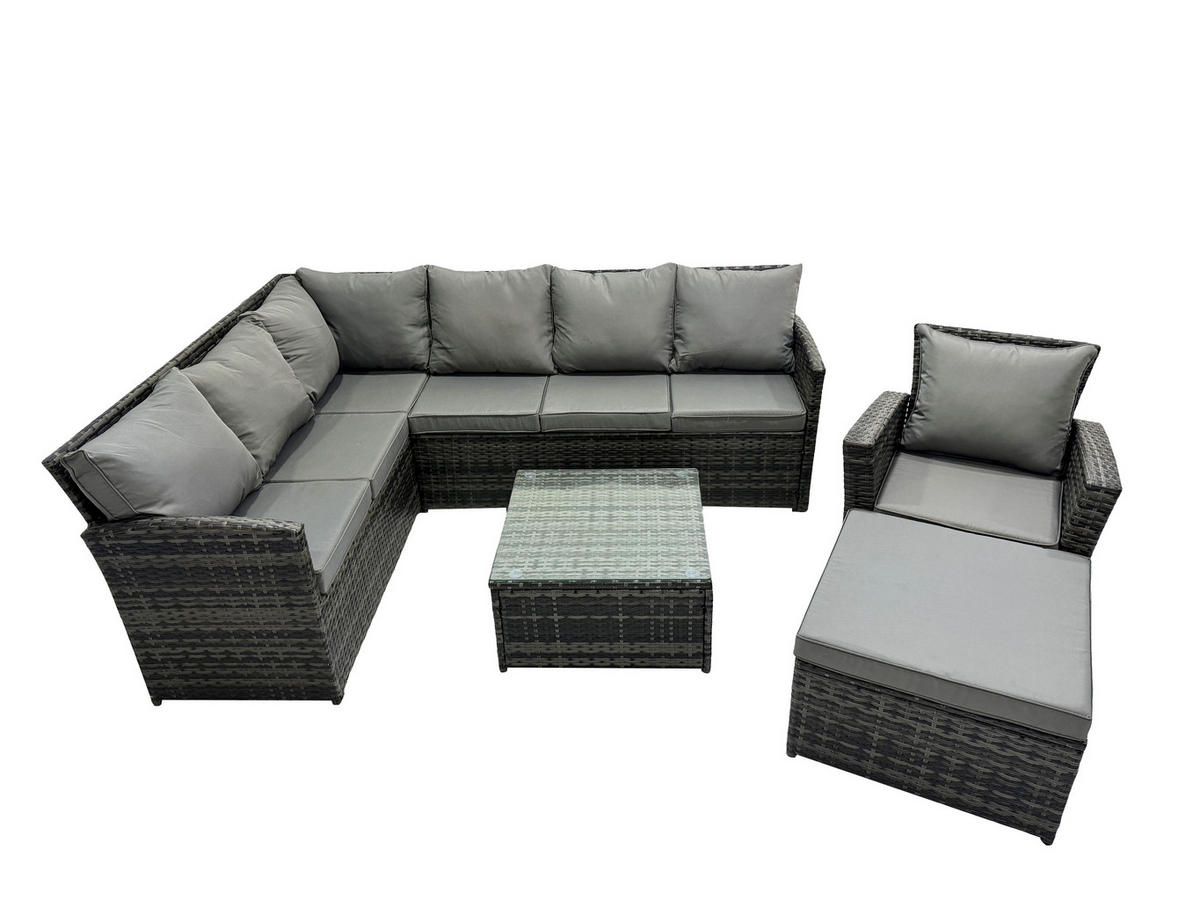 GARTENGARNITUR mit Ecksof,Couchtisch,Fußhocker Polyrattan Dunkelgrau 8-Sitzer - Dunkelgrau/Grau, Glas/Kunststoff - Fimous