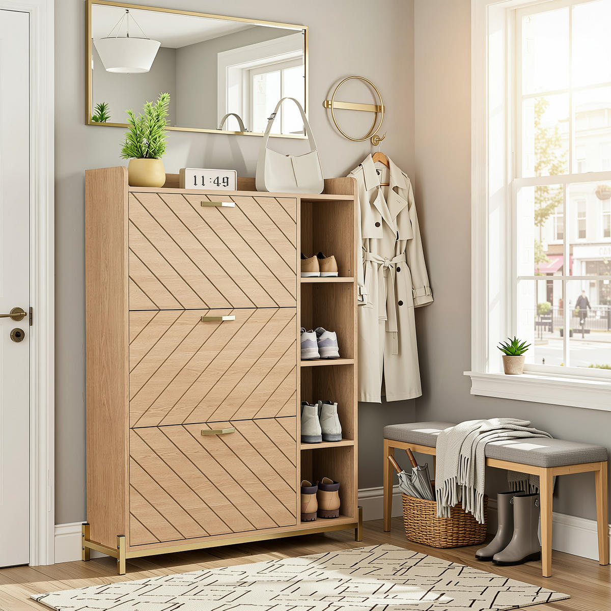 SCHUHSCHRANK eichen-optik mit 3 klappfächern & seitenregal - Naturfarben, Holzwerkstoff (90/119/24cm) - Urban Meuble