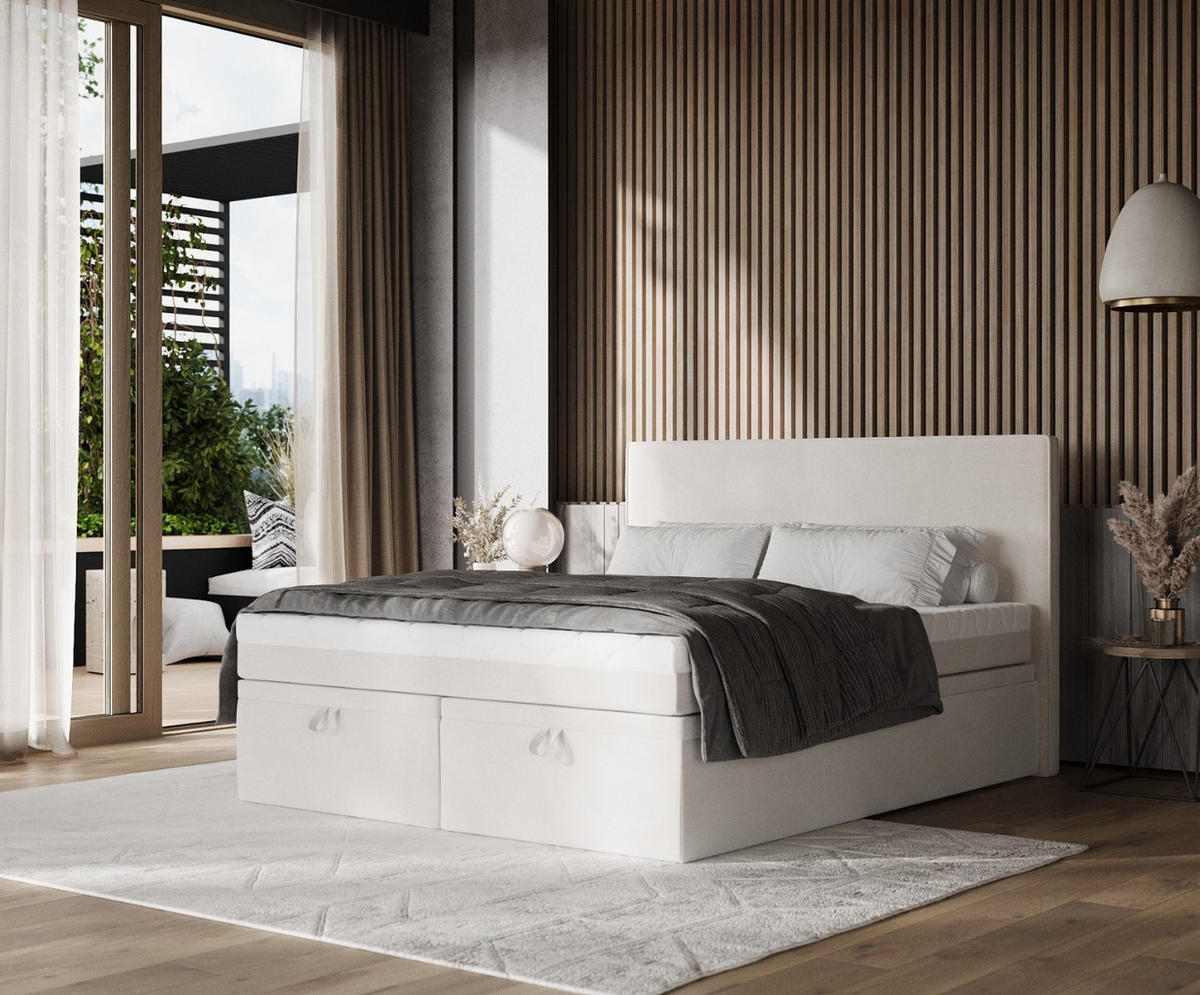 BOXBETT Zalla 160/200 cm Creme im Paros Stoff - Creme/Schwarz, Holz/Holzwerkstoff (160/200cm) - AltaBeds