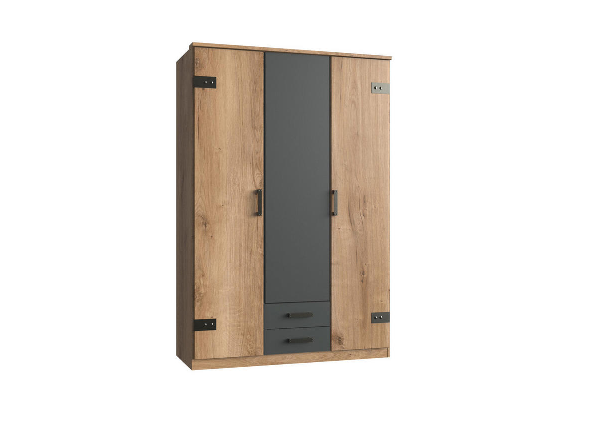 KLEIDERSCHRANK Cork in Plankeneiche mit Grafit 135x199x58 cm (BxHxT) – Drehtürenschrank ohne Spiegel in Breite 135cm - Braun/Grau, Holzwerkstoff (120/200/80cm)
