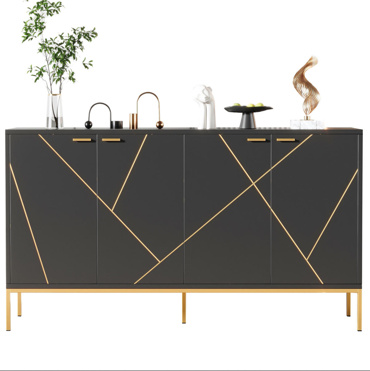 SIDEBOARD aus Spanplatte 40x150x80 cm Schwarz mit goldfarbenen Details, verstellbarem Einlegeboden und Metallfüßen - Schwarz, Holzwerkstoff (150/80/40cm) - Modfu