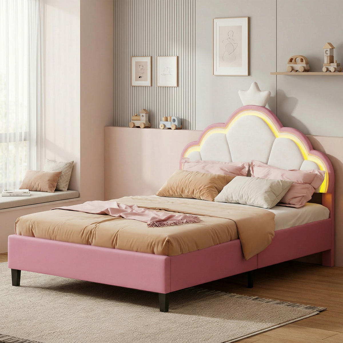 KINDERBETT 90/200 cm rosa mit Kronenkopfteil und LED - Rosa, Holz - SHOPENTRA