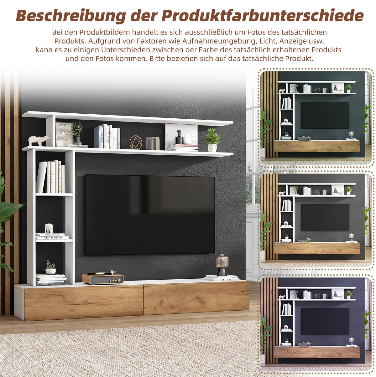 TV regal 180/35/150 cm bijelo i boja hrasta od iverala s policama i stojećom ili visećom montažom - bijela, drvni materijal (180/150/35cm) - OKWISH