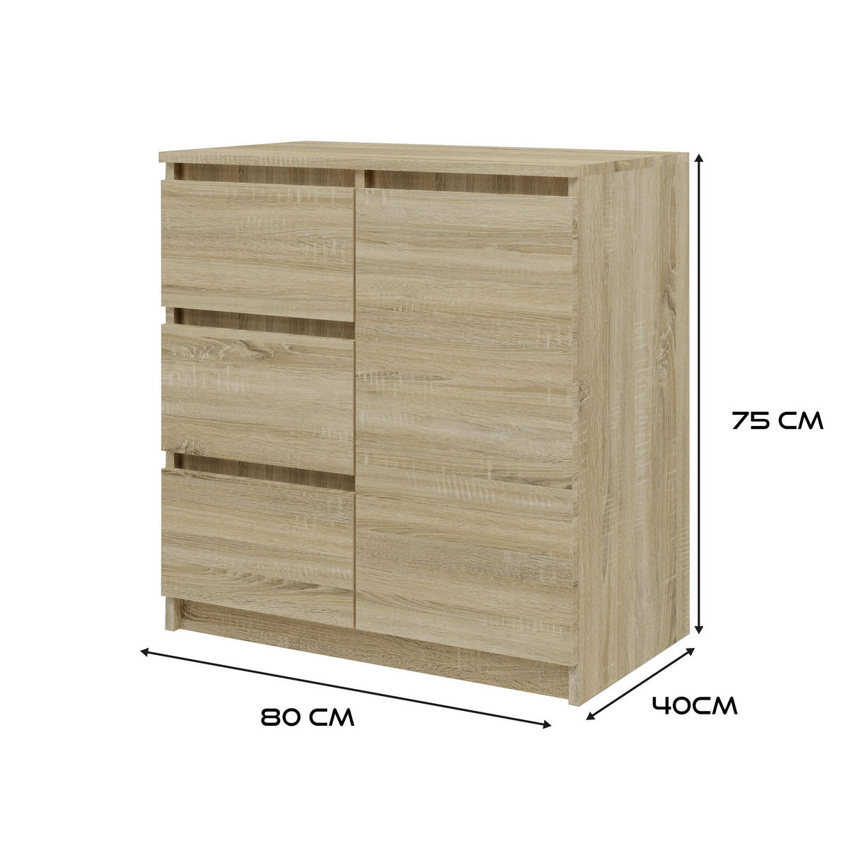 KOMMODE 1D3S SCHRANK 1 TÜR 3 SCHUBLADEN EICHE SONOMA - Sonoma Eiche, Holzwerkstoff (80/75/40cm) - CDF