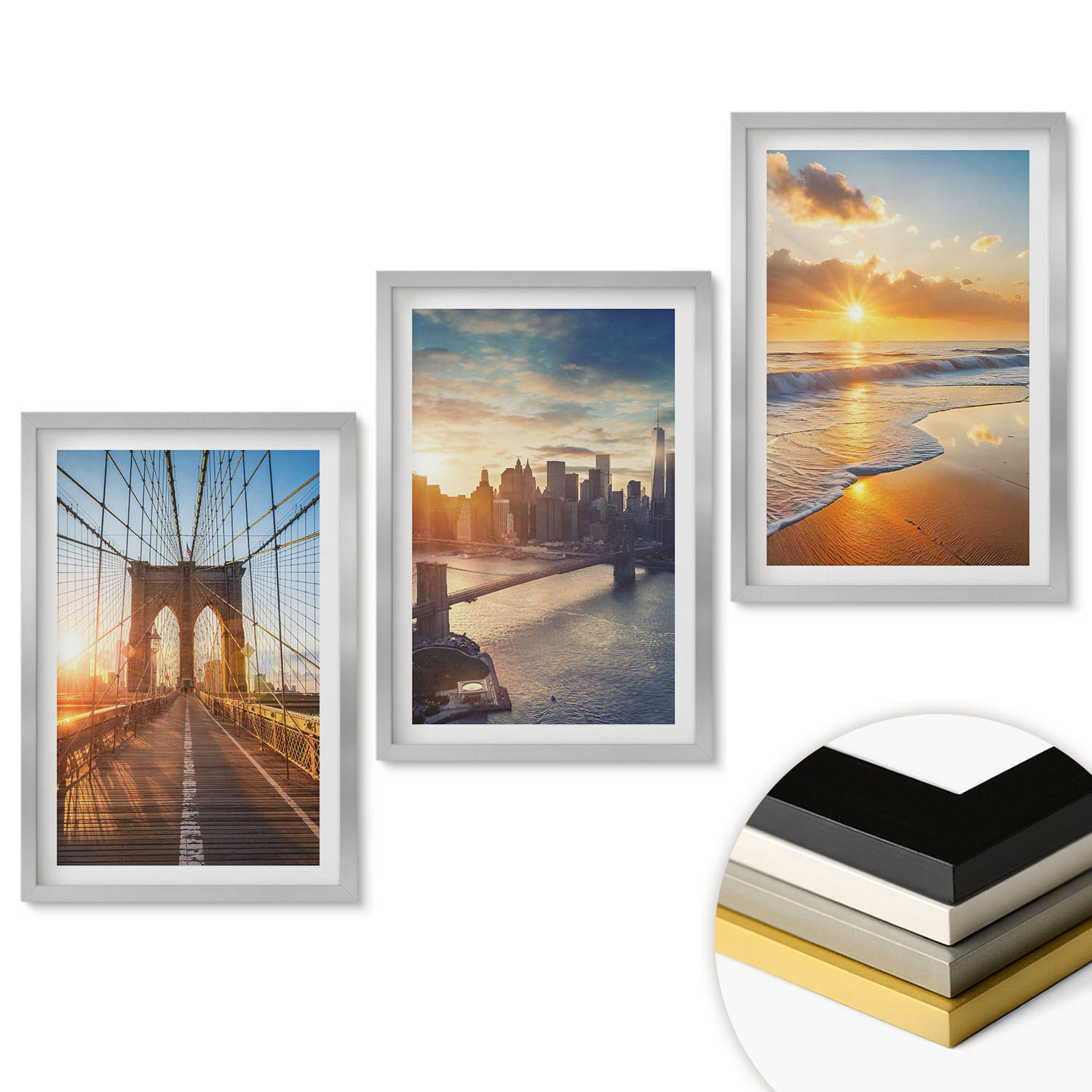 WANDBILDER 3er Set - 40x60 cm Silberner Rahmen - Brücken, Sonnenuntergänge, Stadt - Silberfarben, Kunststoff (40/60cm) - ArtPrintCave