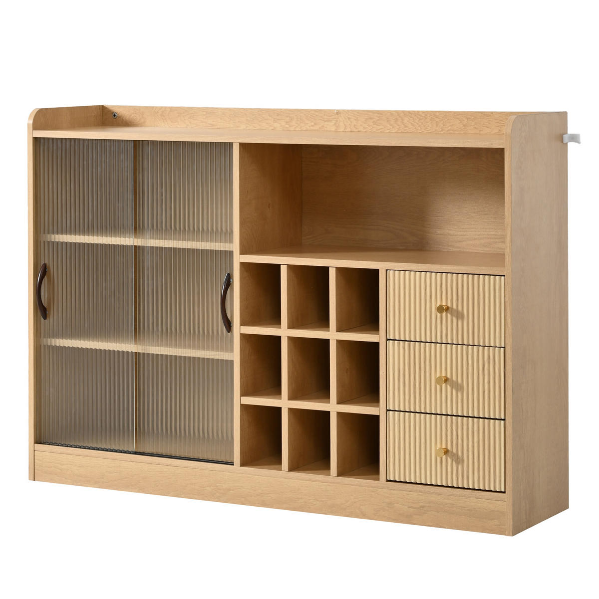 SIDEBOARD Holzoptik mit LED, Glas-Schiebetüren, Weinregal & 3 Schubladen - Naturfarben, Holzwerkstoff (120/85/30cm) - Urban Meuble