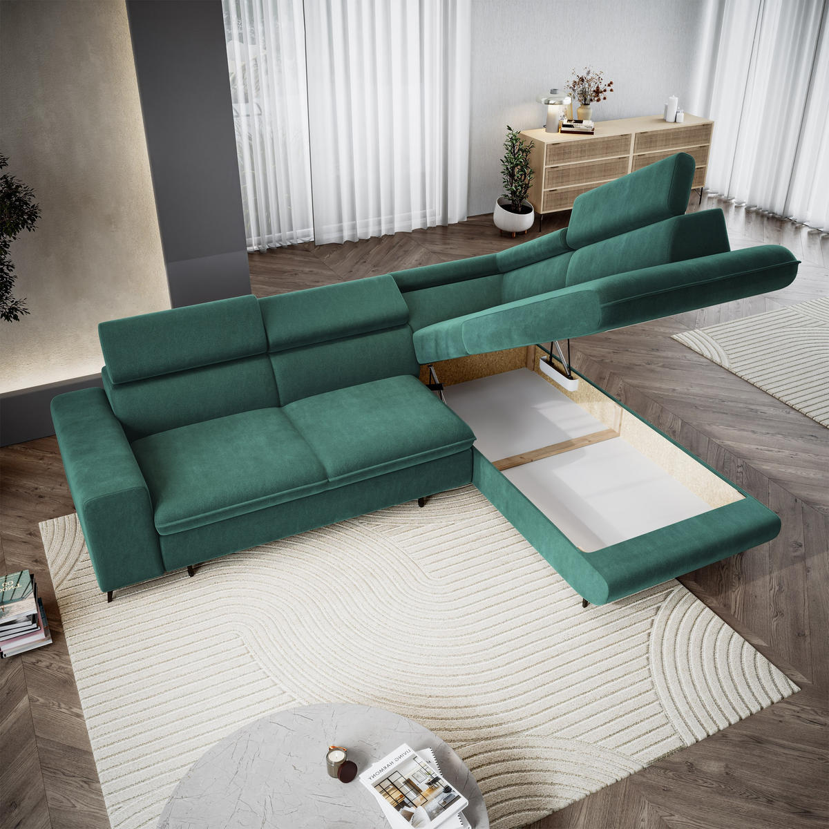 ECKSOFA VELISS Blau Veloursstoff mit Schlaffunktion - Blau, Holz (255/193cm) - MASSENO