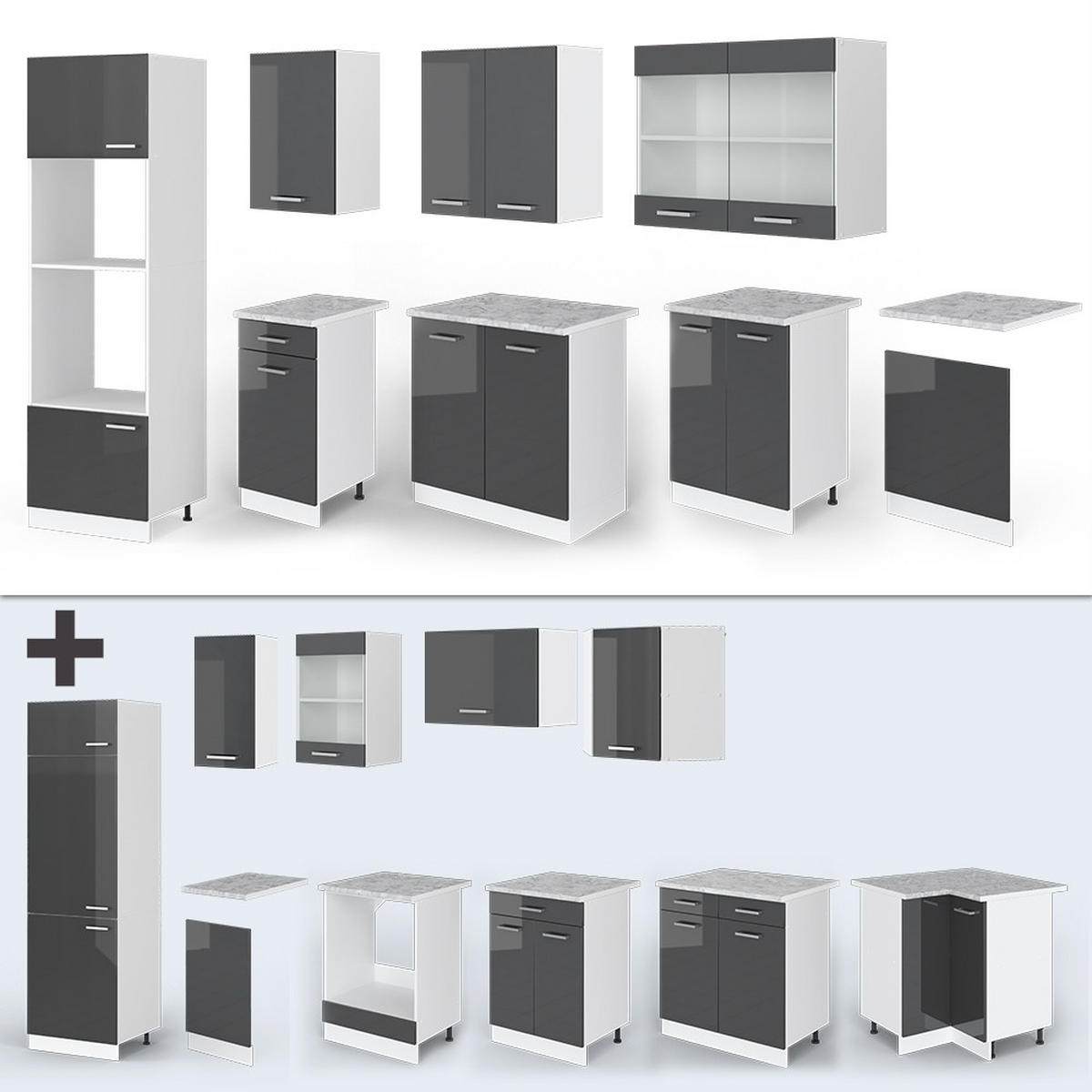KÜCHENZEILE R-Line Anthrazit Hochglanz/Weiß 300 cm mit Hochschrank ohne AP - Anthrazit/Weiß, Holzwerkstoff (300/81.6/46cm) - Vicco