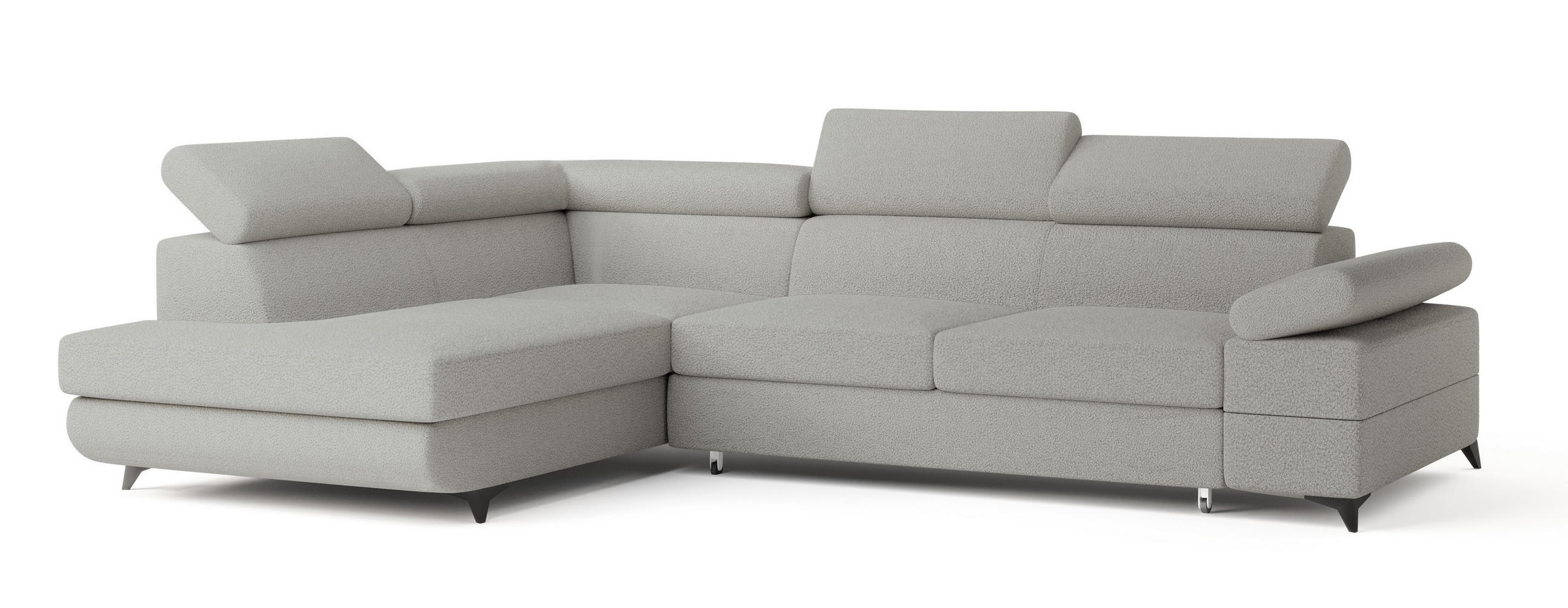 ECKSOFA FAVIEN L-S Hellgrau Boucle-Stoff mit Schlaffunktion - Hellgrau, Holz (257/190cm) - MASSENO