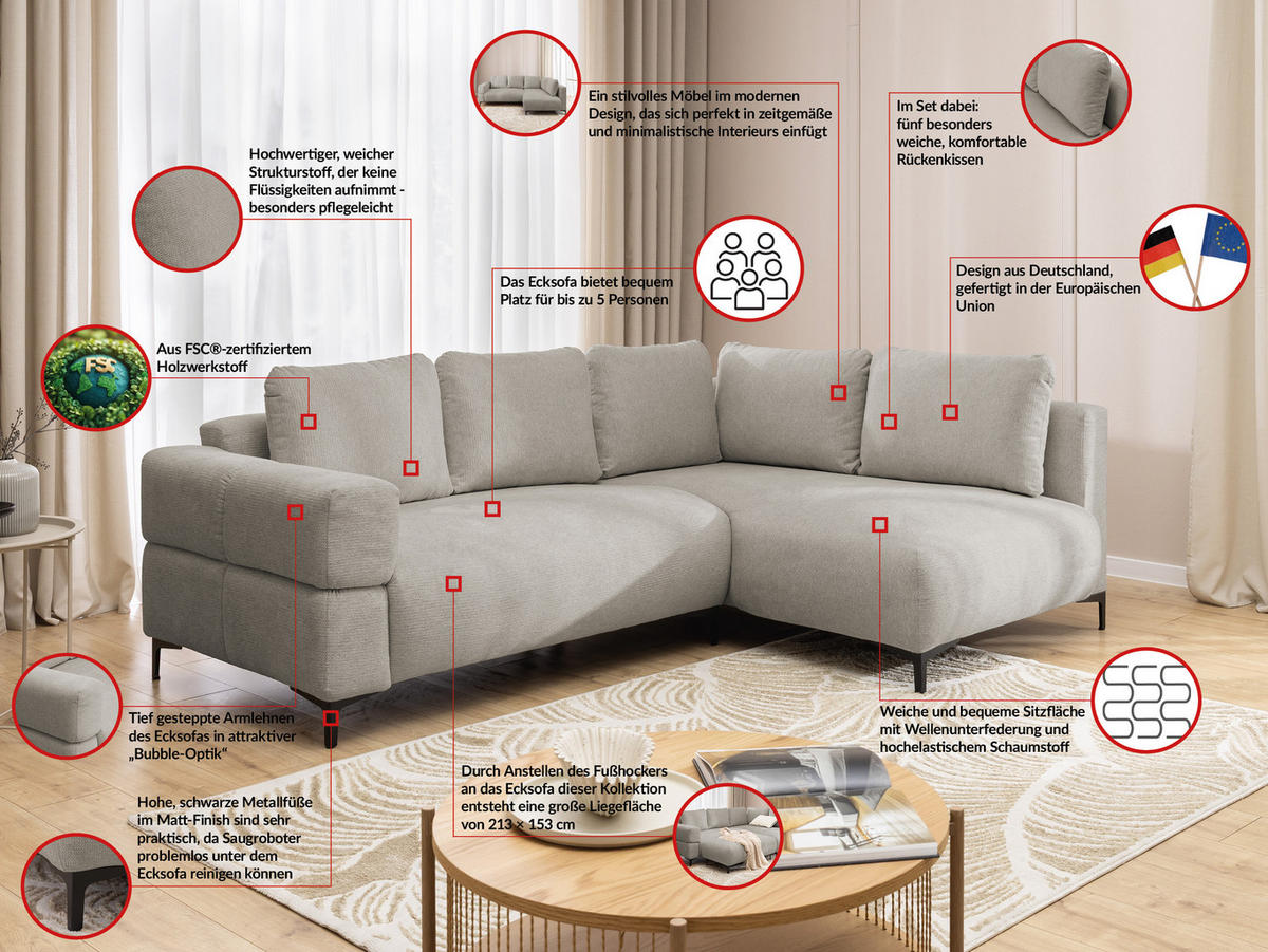 ECKSOFA inkl. Hocker Cardea mit Schlaffunktion in Bubble-Optik aus weichem Taupe Strukturstoff und hohem Sitzkomfort - Ottomane rechts - Taupe/Schwarz, Holz/Textil (230/170cm) - S-Style Möbel