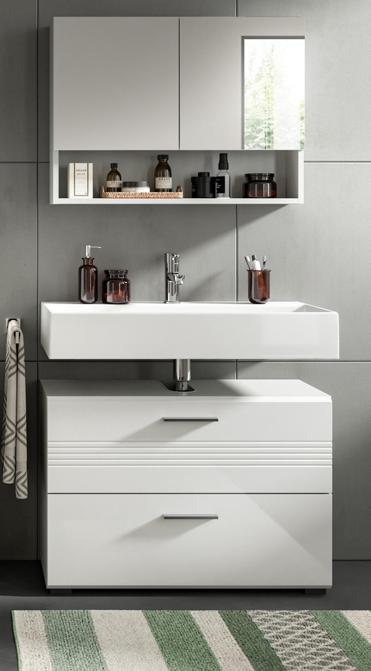 BADMÖBEL-SET 2-teilig weiß Hochglanz, grau 80 cm, Komplettset mit Soft-Close - Weiß Hochglanz/Grau, Glas/Holzwerkstoff (80/190/32cm) - Inn.Furn