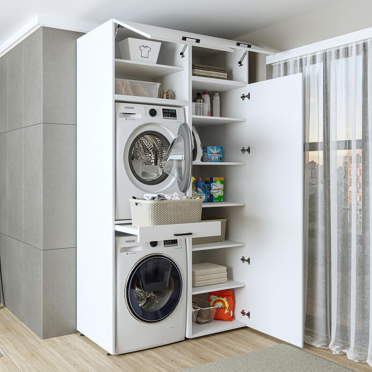 WASCHMASCHINENSCHRANK DUO-I 127cm Breit, 240cm Hoch - Weiß, Holzwerkstoff (127/240/67cm)