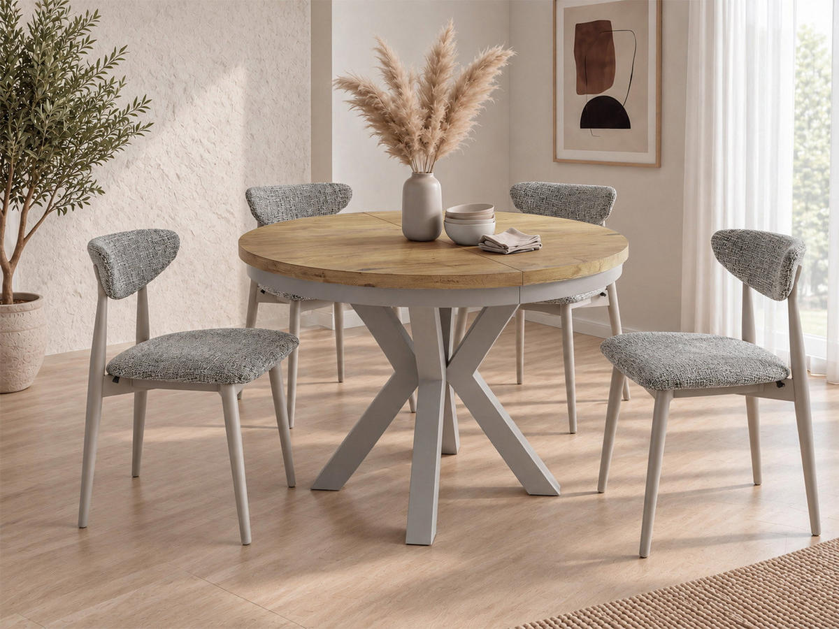 ESSTISCH Clara Grau-Beige runder ausziehbarer, Lancelot Eiche 100-180/100/76 cm - Eichefarben/Braun, Holzwerkstoff/Metall (100/176/76cm) - WFL GROUP