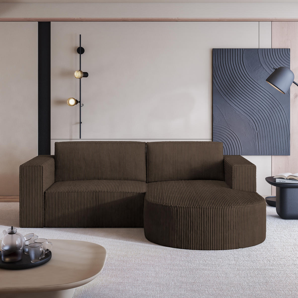 ECKSOFA SORELA P R-S Braun Kordstoff mit Schlaffunktion - Braun, Holz (263/174cm) - MASSENO